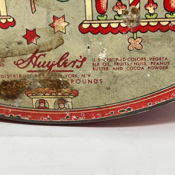 Vintage 30s Huylers Christmas Candy Tin Round Metal Primitive Cottage Farmhouse - Picture 7 of 15